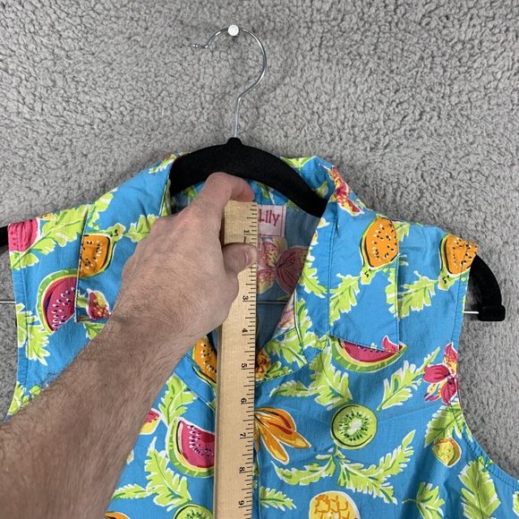 Palm Lily Women’s Sleeveless Button Front Top Turquoise w/ Fruit Print Size 12 - Picture 6 of 10